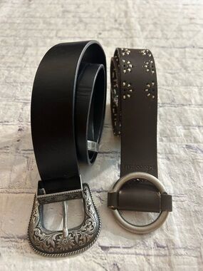 AEROPOSTALE (2) BELTS BROWN & BEIGE LEATHER AND BLACK WESTERN VEGAN